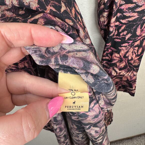 Peruvian Connection Leaf Print Silk Long Sleeve Collared Tunic Shirt Dress Med - Picture 13 of 14